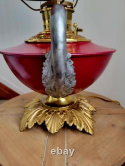 Antique 1880s GWTW Red Cased Glass Kerosene Oil Banquet Parlor Lamp Eagle Base