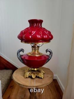 Antique 1880s GWTW Red Cased Glass Kerosene Oil Banquet Parlor Lamp Eagle Base