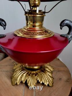 Antique 1880s GWTW Red Cased Glass Kerosene Oil Banquet Parlor Lamp Eagle Base