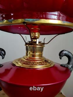 Antique 1880s GWTW Red Cased Glass Kerosene Oil Banquet Parlor Lamp Eagle Base