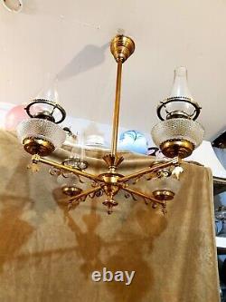 Antique 1880s Holmes, Booth & Hayden Hanging Library 4 Arms Oil Lamp Chandelier