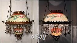 Antique 1880s Library Hanging Parlor Lamp Vtg Library Oil Light Fixture Floral