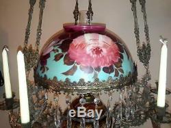Antique 1880s Magnificent French Victorian Majolica Hanging Oil Chandelier Lamp