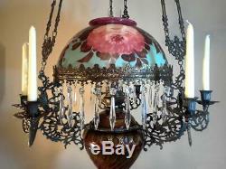 Antique 1880s Magnificent French Victorian Majolica Hanging Oil Chandelier Lamp