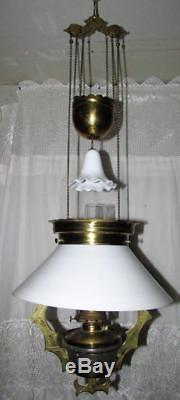 Antique 1882 Hanging Library Oil Lamp with Brass Frame Opal White Shade Smoke Bell