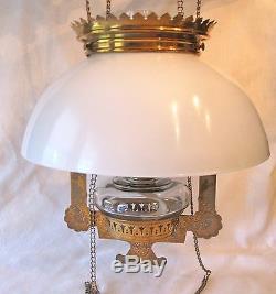 Antique 1883 Brass Copper Queen Ann Victorian Adjustable Hanging Oil Lamp Birds