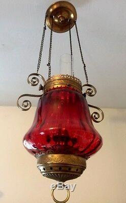 Antique 1890 Cranberry Victorian Hanging Oil Lamp Adjustable Chimney