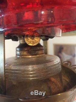 Antique 1890 Cranberry Victorian Hanging Oil Lamp Adjustable Chimney