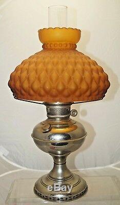 Antique 1890s -1910 B & H Bradley Hubbard Kerosene Oil Lamp With Satin Amber Shade