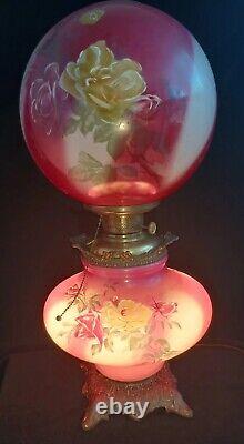 Antique 1890s American Lamp Gone With The Wind Red Electrified Oil Lamp w. Roses