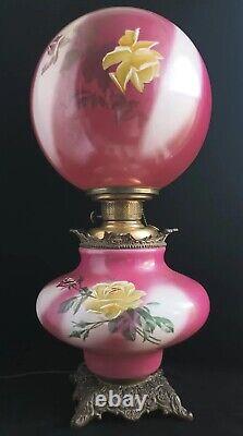 Antique 1890s American Lamp Gone With The Wind Red Electrified Oil Lamp w. Roses