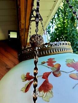 Antique 1890s Hand Painted Hanging Library Oil Lamp with Jewels & Prisms
