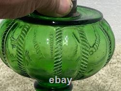 Antique 1890s ORIGINAL GREEN GLASS FISHSCALE WithCABLE FONT OIL LAMP FINDLAY OH