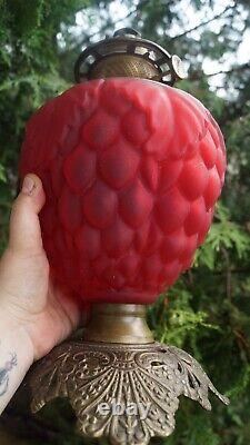 Antique 1890s Pittsburgh RED SATIN Glass Oil Lamp Grape Pattern ORIGINAL