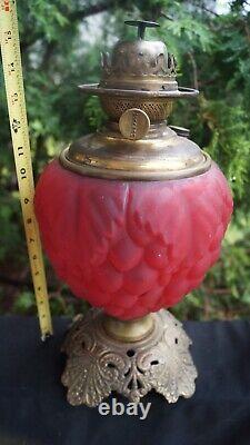Antique 1890s Pittsburgh RED SATIN Glass Oil Lamp Grape Pattern ORIGINAL
