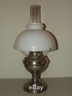 Antique 1895 Edward Miller Kerosene Oil GWTW Table Lamp with Milk Glass Shade