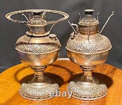 Antique 1895 PAIR E. Miller New Juno No. 1 Nickel on Brass Kerosene 8 Lamps