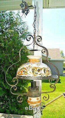 Antique 1910s Ornate Metal Electric Hanging Lamp With Hand Painted Ceramic Shade