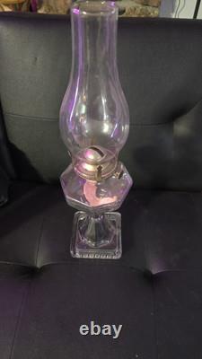 Antique 1911 Manganese Glass Octagonal Greek Key Pedestal 18 Oil Lamp withChimney