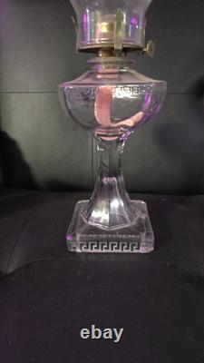 Antique 1911 Manganese Glass Octagonal Greek Key Pedestal 18 Oil Lamp withChimney
