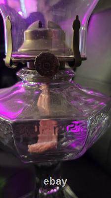 Antique 1911 Manganese Glass Octagonal Greek Key Pedestal 18 Oil Lamp withChimney