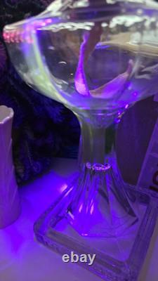 Antique 1911 Manganese Glass Octagonal Greek Key Pedestal 18 Oil Lamp withChimney