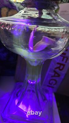 Antique 1911 Manganese Glass Octagonal Greek Key Pedestal 18 Oil Lamp withChimney
