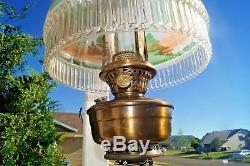 Antique 1920s Aladdin 12 Hand Painted Glass & Bronze Kerosene Oil Hanging Lamp