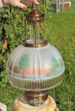 Antique 1920s Aladdin 12 Hand Painted Glass & Bronze Kerosene Oil Hanging Lamp