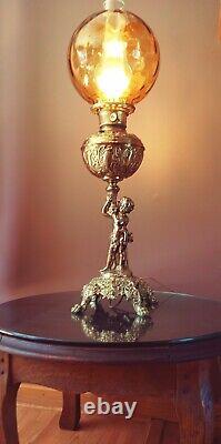 Antique 1930s-40s Victorian Nouveau Cherub/Putti Electric Oil Table Lamp, Amber