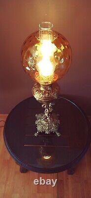 Antique 1930s-40s Victorian Nouveau Cherub/Putti Electric Oil Table Lamp, Amber