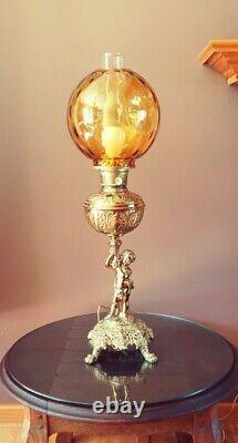 Antique 1930s-40s Victorian Nouveau Cherub/Putti Electric Oil Table Lamp, Amber