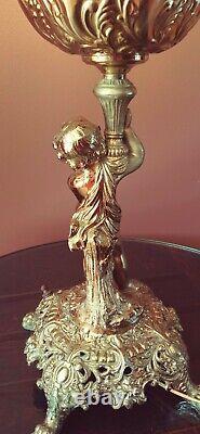 Antique 1930s-40s Victorian Nouveau Cherub/Putti Electric Oil Table Lamp, Amber