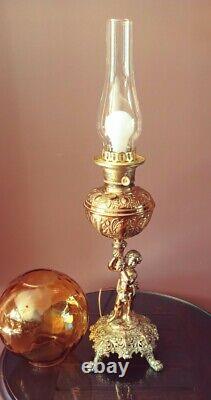 Antique 1930s-40s Victorian Nouveau Cherub/Putti Electric Oil Table Lamp, Amber