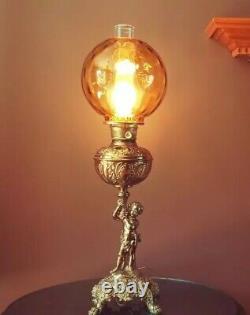 Antique 1930s-40s Victorian Nouveau Cherub/Putti Electric Oil Table Lamp, Amber