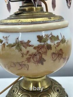 Antique 19 GWTW Hurricane Converted Brass Oil Lamp WithPrisms Porcelain Glass