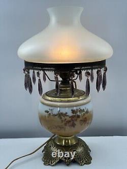 Antique 19 GWTW Hurricane Converted Brass Oil Lamp WithPrisms Porcelain Glass