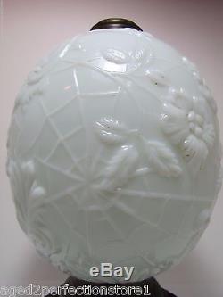 Antique 19c Victorian Milk Glass Spider Web Oil Lamp FG Co cast iron base ornate