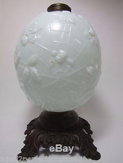 Antique 19c Victorian Milk Glass Spider Web Oil Lamp FG Co cast iron base ornate