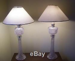 Antique 19th C. Exquisite Pair Of Large Diamond Crystal Oil Lamps Each 12 lbs