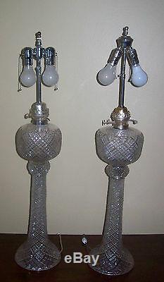 Antique 19th C. Exquisite Pair Of Large Diamond Crystal Oil Lamps Each 12 lbs