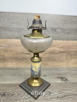 Antique 19th C. Queen Anne Oil Lamp Footed Victorian Porcelain Brass 14.5 Tall