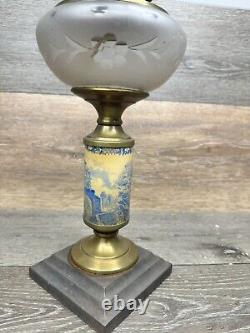 Antique 19th C. Queen Anne Oil Lamp Footed Victorian Porcelain Brass 14.5 Tall