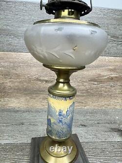 Antique 19th C. Queen Anne Oil Lamp Footed Victorian Porcelain Brass 14.5 Tall