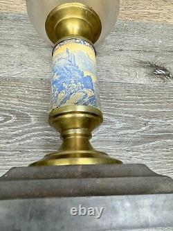 Antique 19th C. Queen Anne Oil Lamp Footed Victorian Porcelain Brass 14.5 Tall