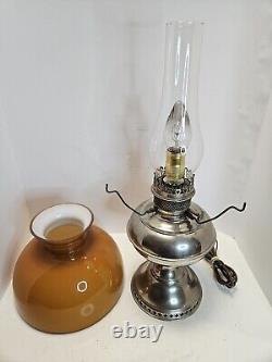 Antique 19th C. RAYO Electric Nickel Oil GWTW Table Lamp with Yellow Gold Shade