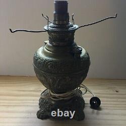 Antique 19th C The Miller Lamp Embossed Brass Round Oil Table Lamp Electrified