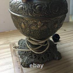 Antique 19th C The Miller Lamp Embossed Brass Round Oil Table Lamp Electrified