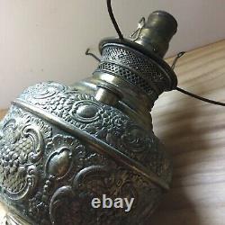 Antique 19th C The Miller Lamp Embossed Brass Round Oil Table Lamp Electrified