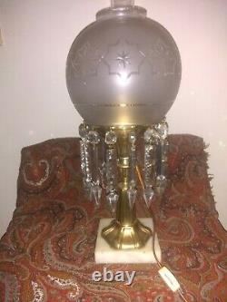 Antique 19th Century Astral Solar Oil Lamp Engraved Shade & Prisms